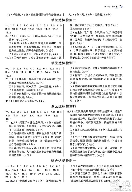 天津教育出版社2024年秋学习质量监测七年级中国历史上册人教版答案