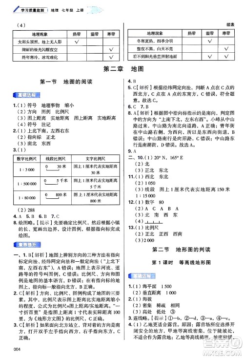 天津教育出版社2024年秋学习质量监测七年级地理上册人教版答案