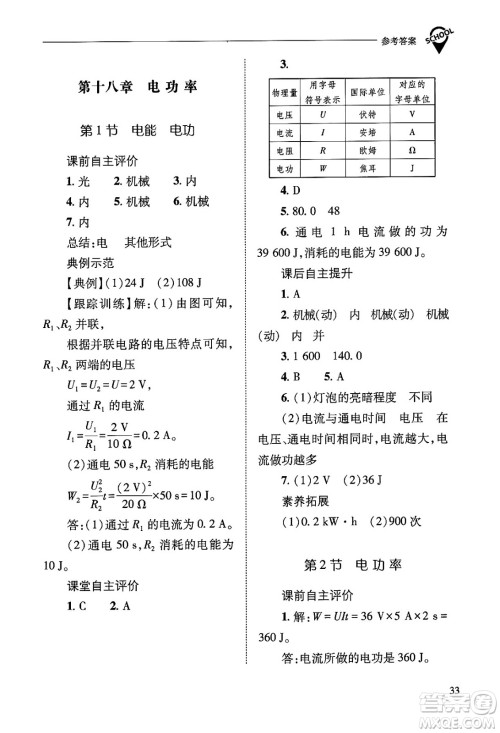 山西教育出版社2025年秋新课程问题解决导学方案九年级物理全一册人教版答案