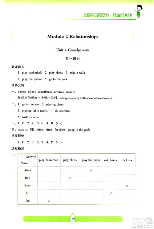 希望出版社2024年秋新课标两导两练高效学案五年级英语上册沪教版答案