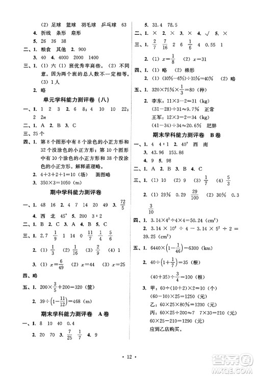 人民教育出版社2024年秋能力培养与测试六年级数学上册人教版湖南专版答案