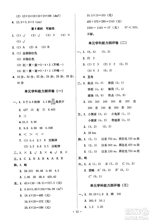 人民教育出版社2024年秋能力培养与测试五年级数学上册人教版湖南专版答案