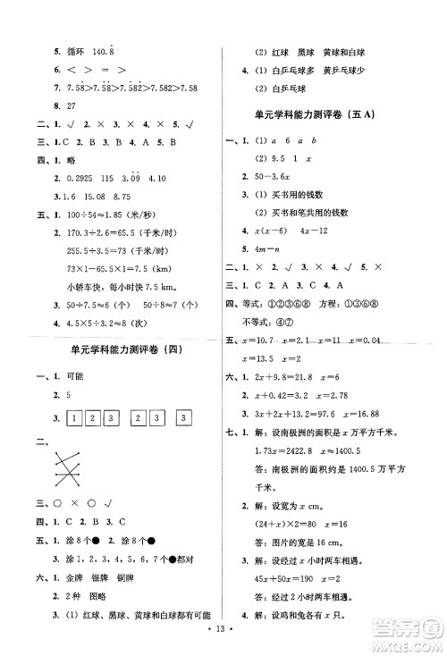 人民教育出版社2024年秋能力培养与测试五年级数学上册人教版湖南专版答案