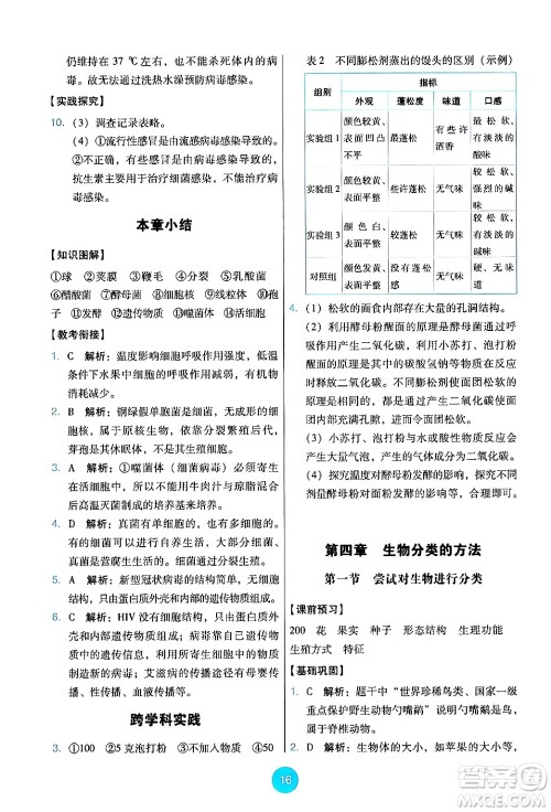 人民教育出版社2024年秋能力培养与测试七年级生物上册人教版答案