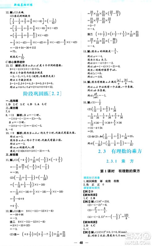 安徽教育出版社2024年秋新编基础训练七年级数学上册人教版答案