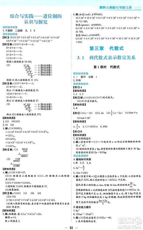 安徽教育出版社2024年秋新编基础训练七年级数学上册人教版答案