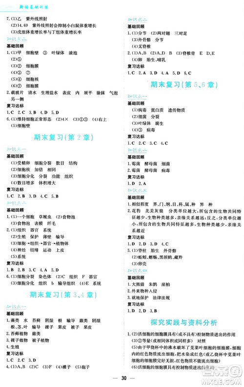 安徽教育出版社2024年秋新编基础训练七年级生物学上册苏教版答案