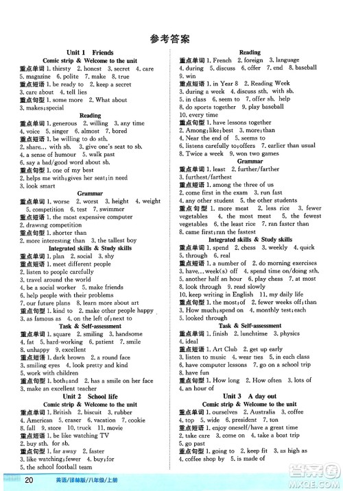 安徽教育出版社2024年秋新编基础训练八年级英语上册译林版答案 安徽教育出版社2024年秋新编基础训练八年级英语上册译林版答案