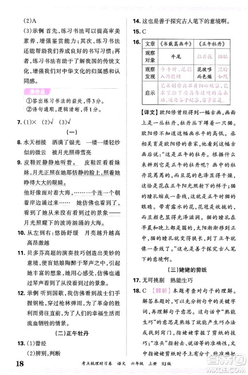 江西人民出版社2024年秋王朝霞考点梳理时习卷六年级语文上册人教版答案 江西人民出版社2024年秋王朝霞考点梳理时习卷六年级语文上册人教版答案