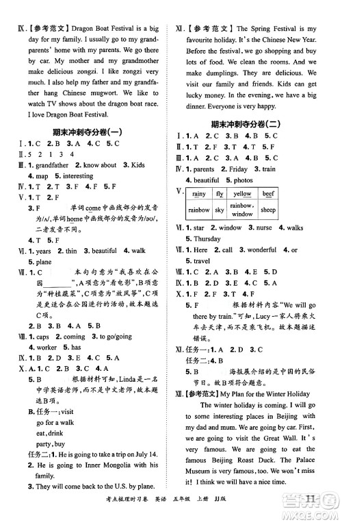 江西人民出版社2024年秋王朝霞考点梳理时习卷五年级英语上册冀教版答案