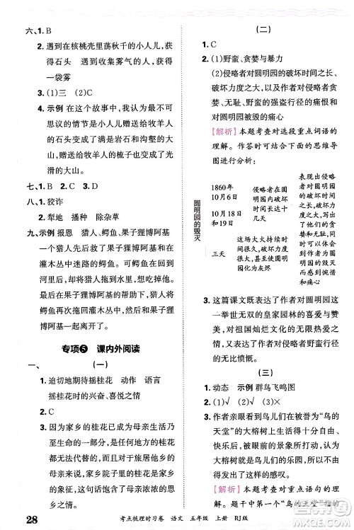 江西人民出版社2024年秋王朝霞考点梳理时习卷五年级语文上册人教版答案