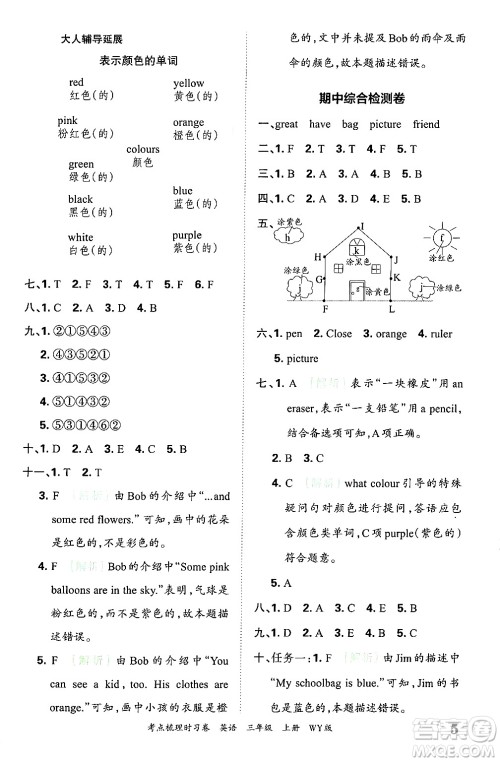 江西人民出版社2024年秋王朝霞考点梳理时习卷三年级英语上册外研版答案