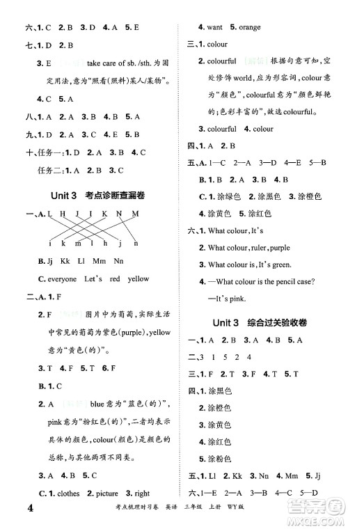 江西人民出版社2024年秋王朝霞考点梳理时习卷三年级英语上册外研版答案