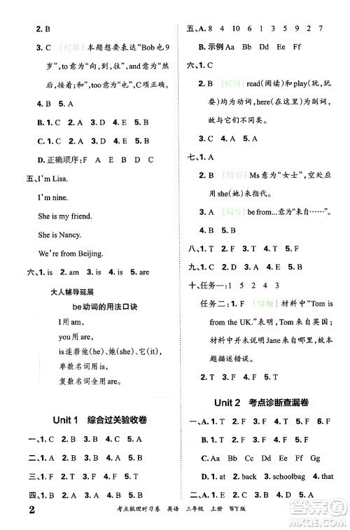 江西人民出版社2024年秋王朝霞考点梳理时习卷三年级英语上册外研版答案