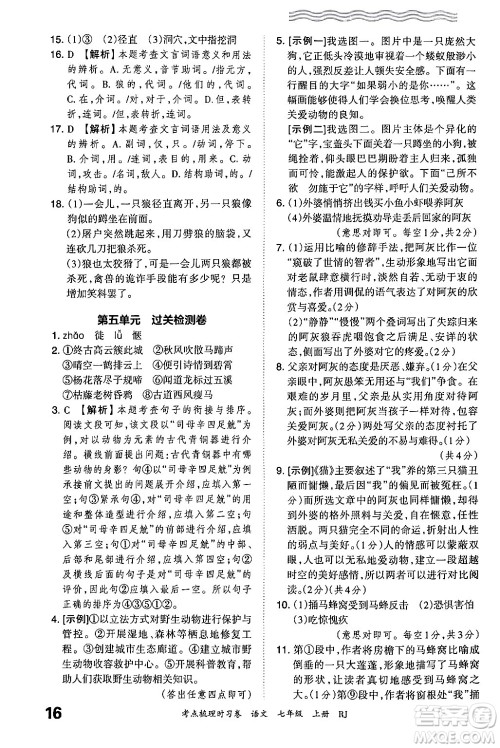 江西人民出版社2024年秋王朝霞考点梳理时习卷七年级语文上册人教版答案