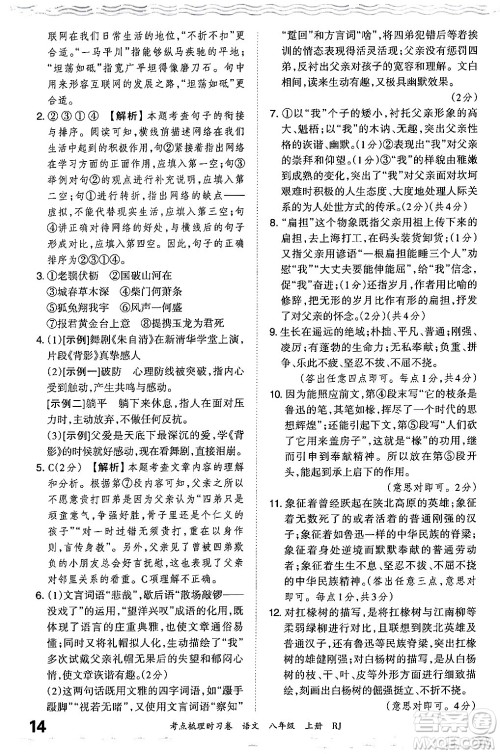 江西人民出版社2024年秋王朝霞考点梳理时习卷八年级语文上册人教版答案 江西人民出版社2024年秋王朝霞考点梳理时习卷八年级语文上册人教版答案