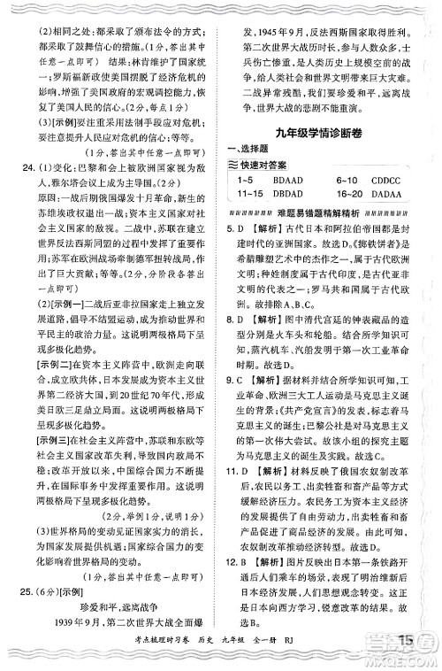 江西人民出版社2025年秋王朝霞考点梳理时习卷九年级历史全一册人教版答案