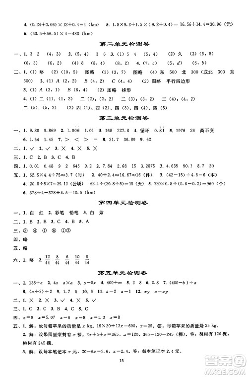 人民教育出版社2024年秋同步轻松练习五年级数学上册人教版答案