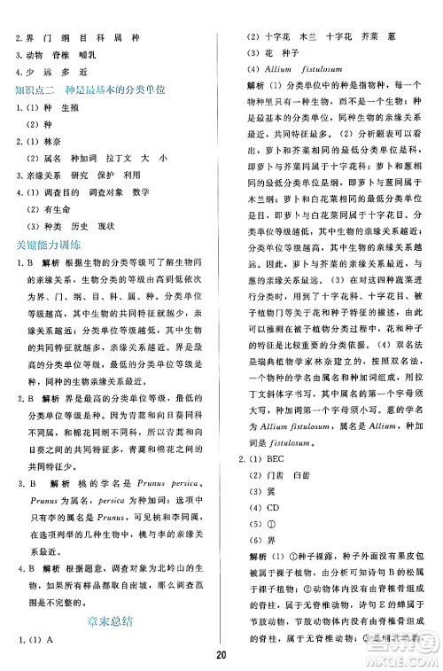 人民教育出版社2024年秋同步轻松练习七年级生物学上册人教版答案 人民教育出版社2024年秋同步轻松练习七年级生物学上册人教版答案