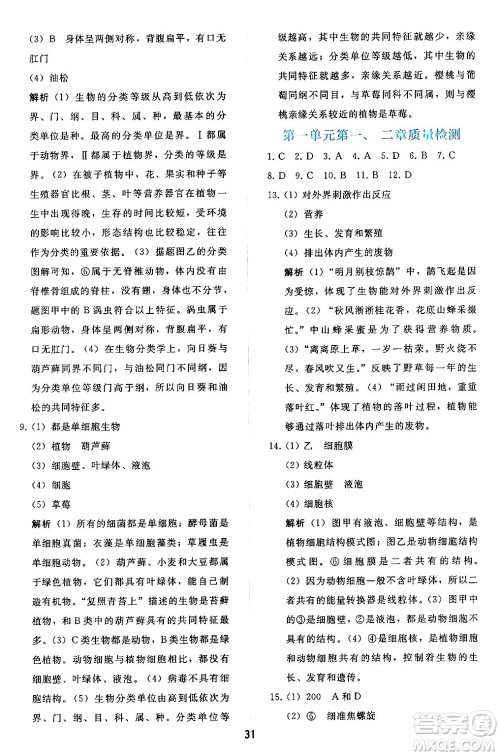 人民教育出版社2024年秋同步轻松练习七年级生物学上册人教版答案 人民教育出版社2024年秋同步轻松练习七年级生物学上册人教版答案