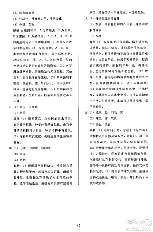 人民教育出版社2024年秋同步轻松练习七年级生物学上册人教版答案 人民教育出版社2024年秋同步轻松练习七年级生物学上册人教版答案