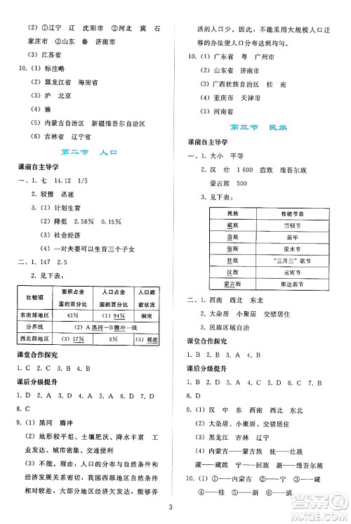 人民教育出版社2024年秋同步轻松练习八年级地理上册人教版答案