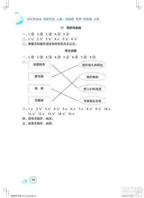 湖北教育出版社2024年秋长江作业本课堂作业五年级科学上册人教版答案