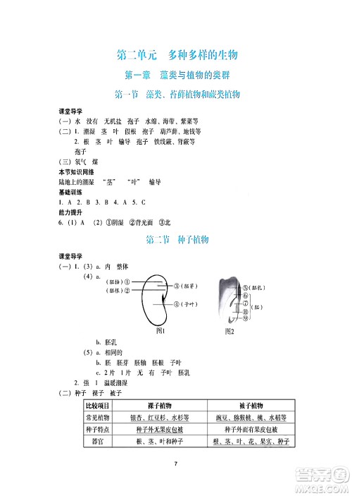 广州出版社2024年秋阳光学业评价七年级生物上册人教版答案