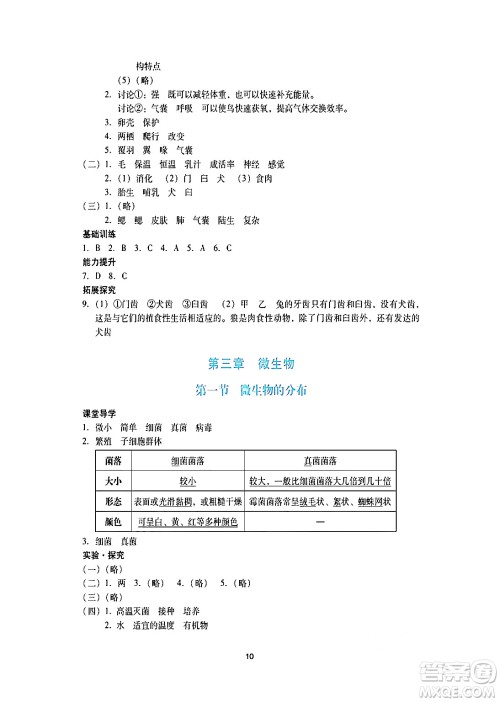 广州出版社2024年秋阳光学业评价七年级生物上册人教版答案