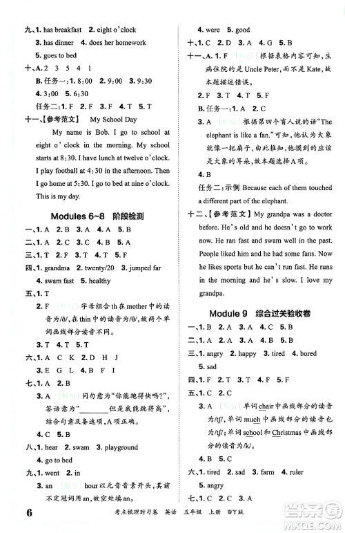 江西人民出版社2024年秋王朝霞考点梳理时习卷五年级英语上册外研版答案