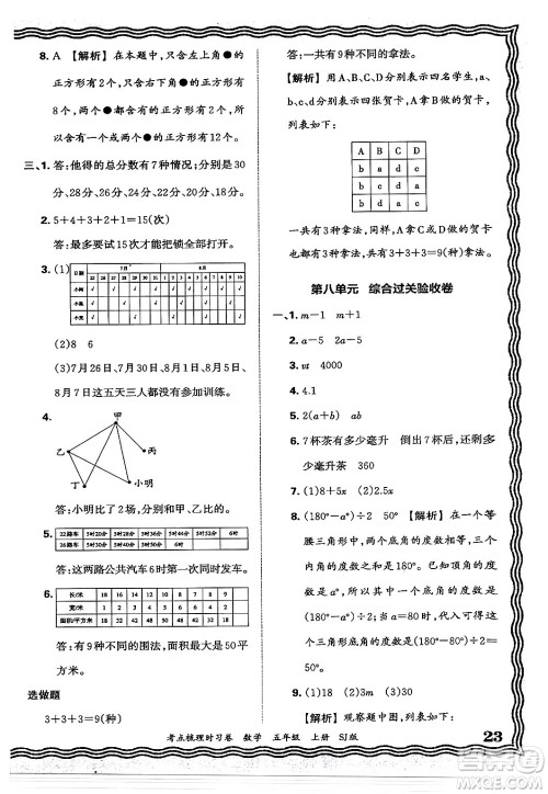 江西人民出版社2024年秋王朝霞考点梳理时习卷五年级数学上册苏教版答案