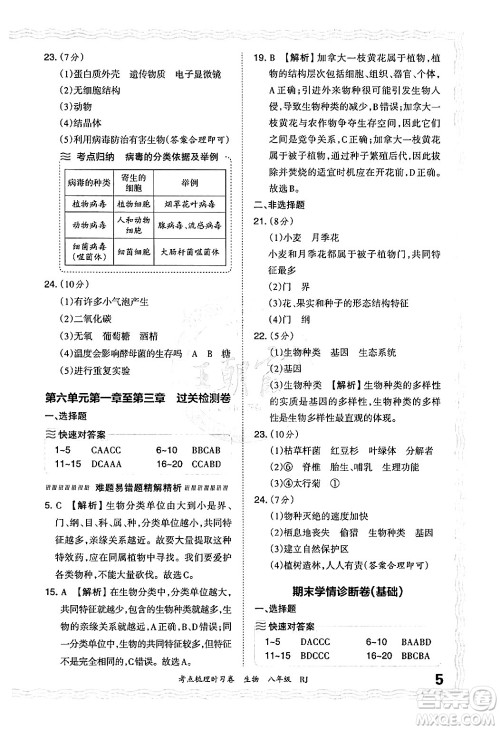 江西人民出版社2024年秋王朝霞考点梳理时习卷八年级生物上册人教版答案