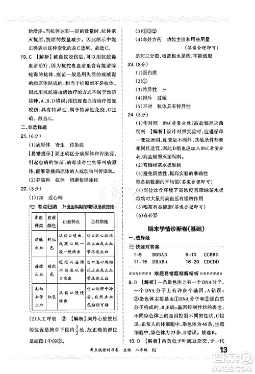 江西人民出版社2024年秋王朝霞考点梳理时习卷八年级生物上册人教版答案