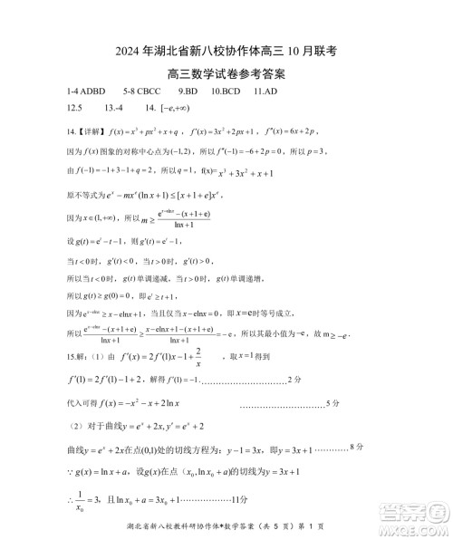 2025届湖北新八校协作体高三10月联考数学试卷答案