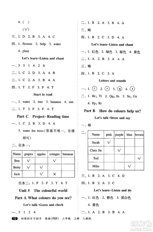 广西师范大学出版社2024年秋新课程学习辅导三年级英语上册人教PEP版答案