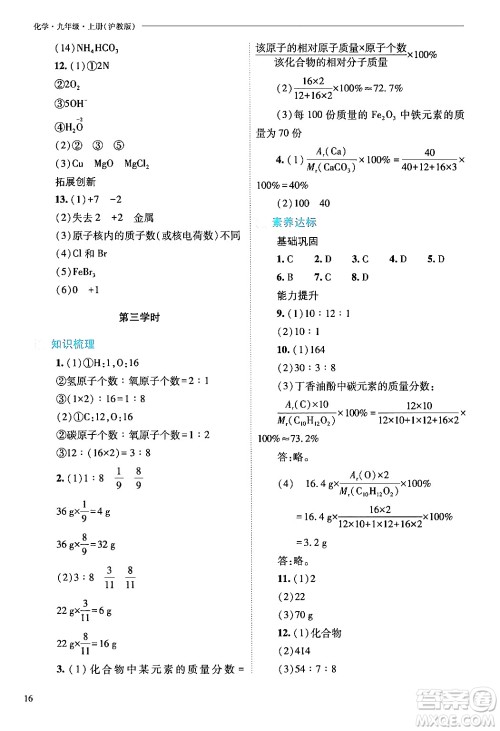 山西教育出版社2024年秋新课程问题解决导学方案九年级化学上册沪教版答案