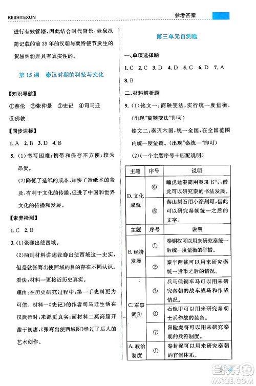 浙江人民出版社2024年秋课时特训七年级中国历史上册人教版答案