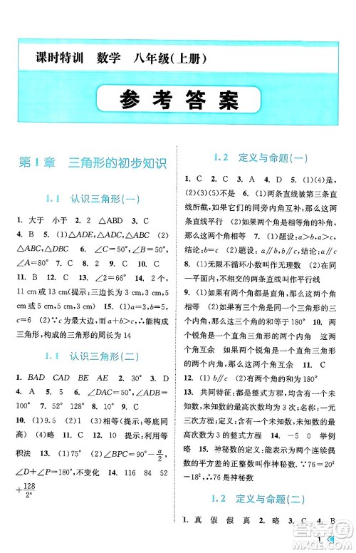 浙江人民出版社2024年秋课时特训八年级数学上册浙教版答案