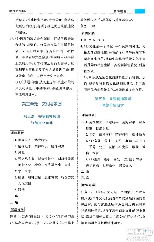 浙江人民出版社2024年秋课时特训九年级道德与法治上册人教版答案