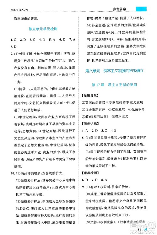 浙江人民出版社2024年秋课时特训九年级世界历史上册人教版答案