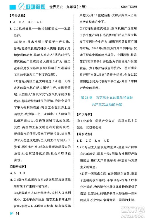 浙江人民出版社2024年秋课时特训九年级世界历史上册人教版答案