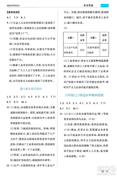 浙江人民出版社2024年秋课时特训九年级世界历史上册人教版答案