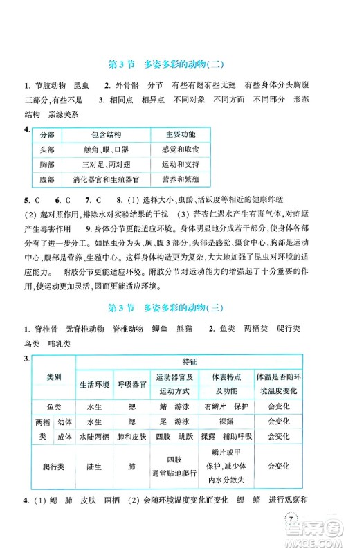 浙江教育出版社2024年秋科学作业本七年级科学上册浙教版答案