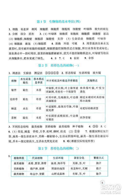 浙江教育出版社2024年秋科学作业本七年级科学上册浙教版答案