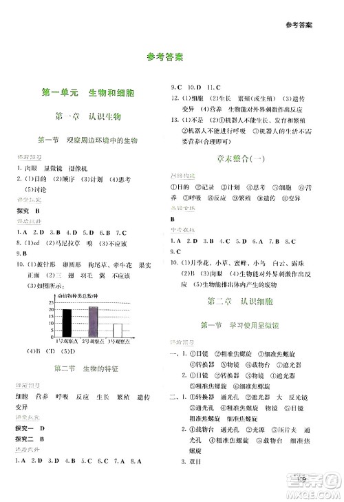 湖南教育出版社2024年秋学法大视野七年级生物上册人教版答案