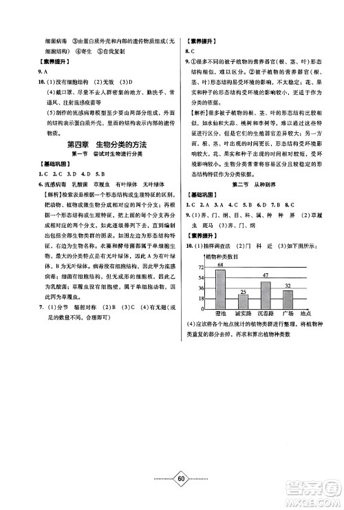 湖南教育出版社2024年秋学法大视野七年级生物上册人教版长沙专版答案