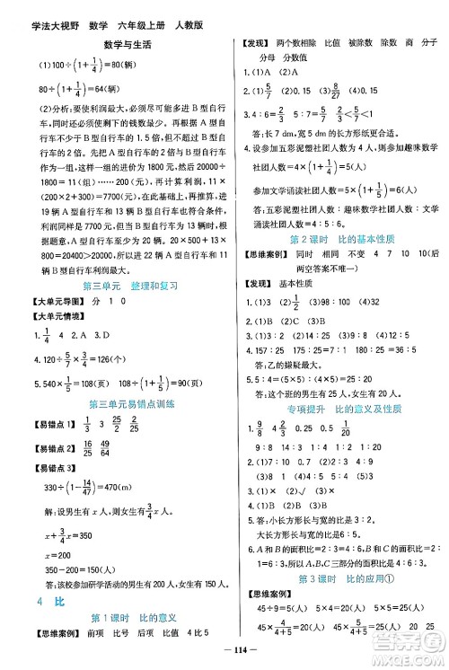 湖南教育出版社2024年秋学法大视野六年级数学上册人教版答案