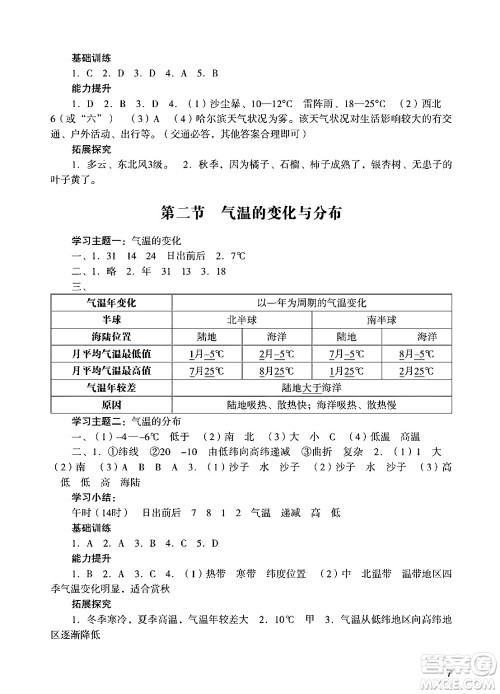 广州出版社2024年秋阳光学业评价七年级地理上册人教版答案