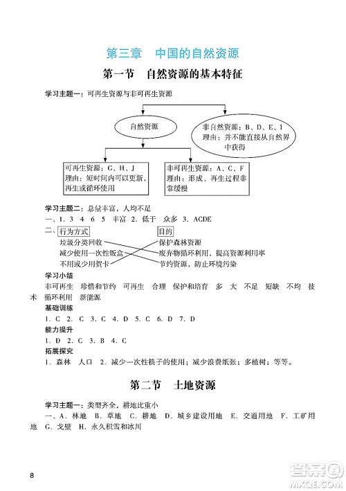 广州出版社2024年秋阳光学业评价八年级地理上册人教版答案