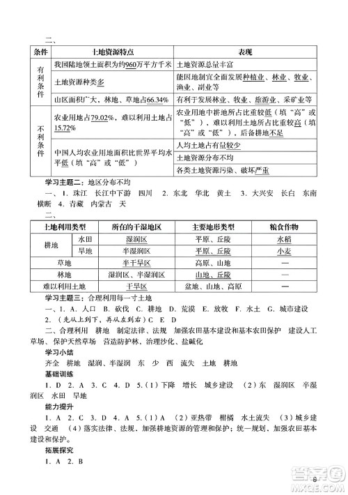 广州出版社2024年秋阳光学业评价八年级地理上册人教版答案